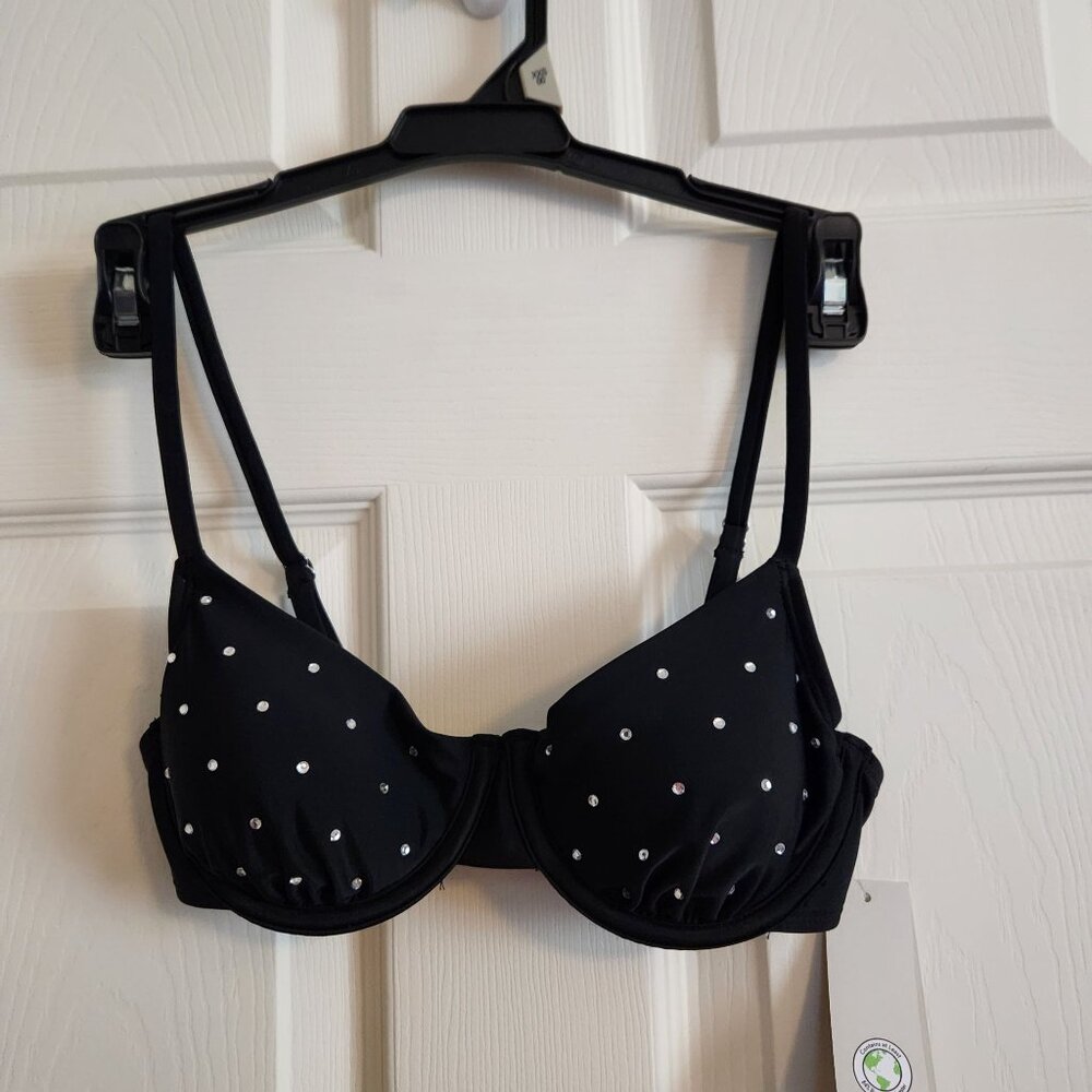 Black Underwire Bikini Top With Rhinestone Accents & Adjustable Straps XXS (00)